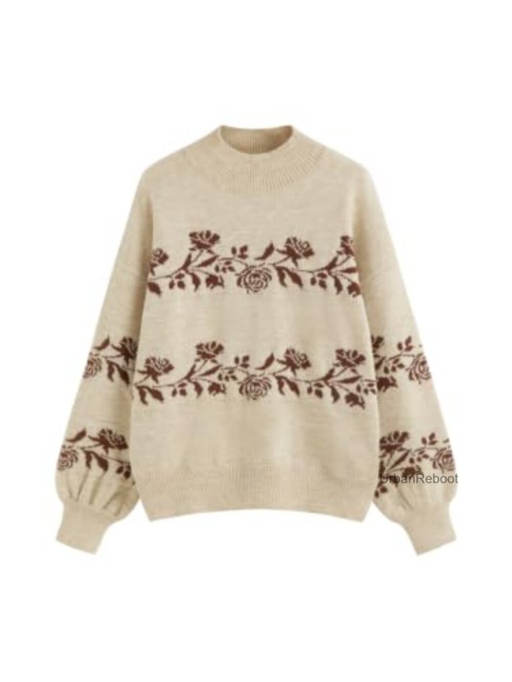 Oversized Floral Jacquard Mock Neck Pullover Sweater Ribbed Knit Women's